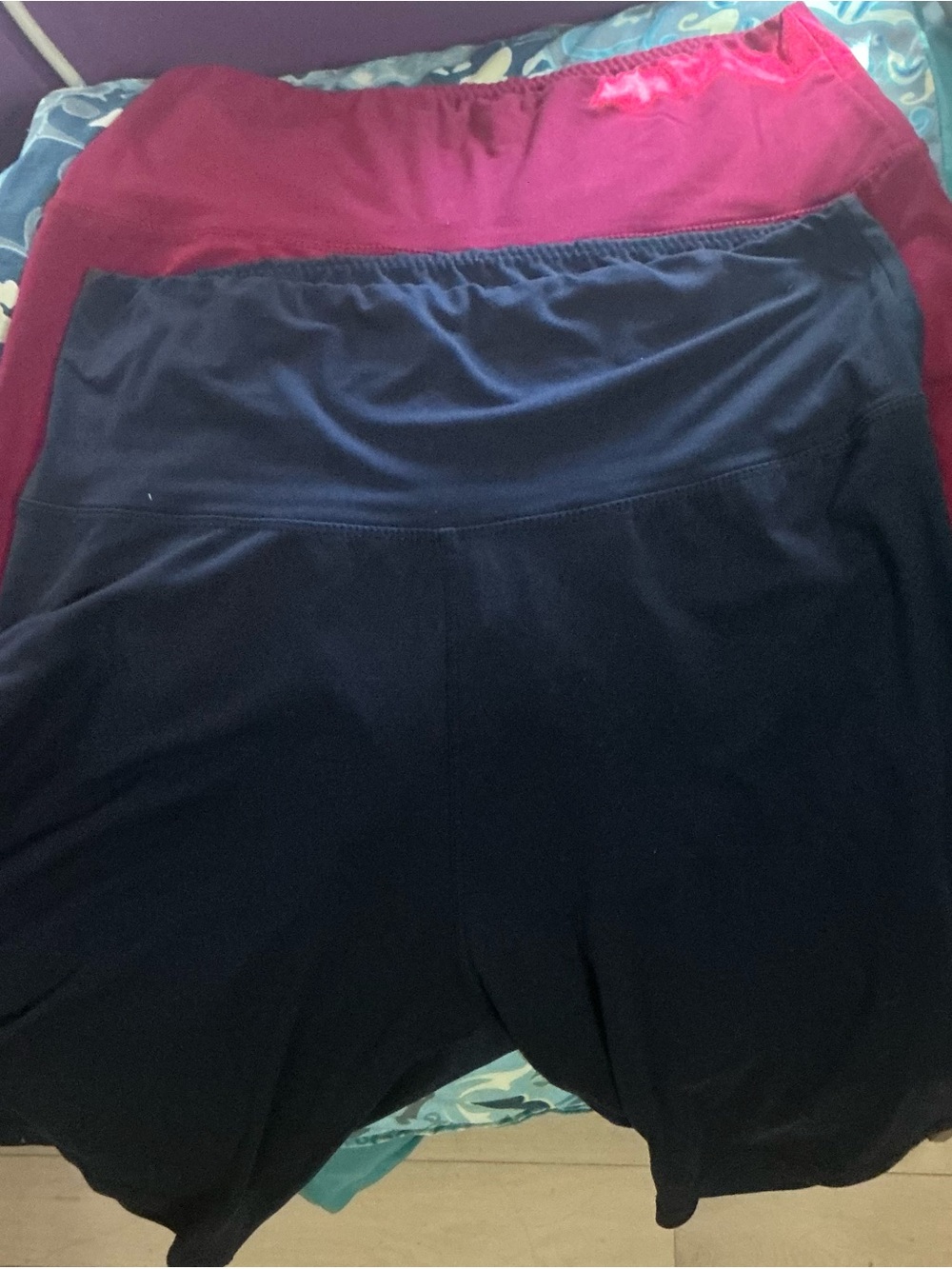 High-waisted Stretch Knit Pull-On Biker Shorts - Navy and Burgundy